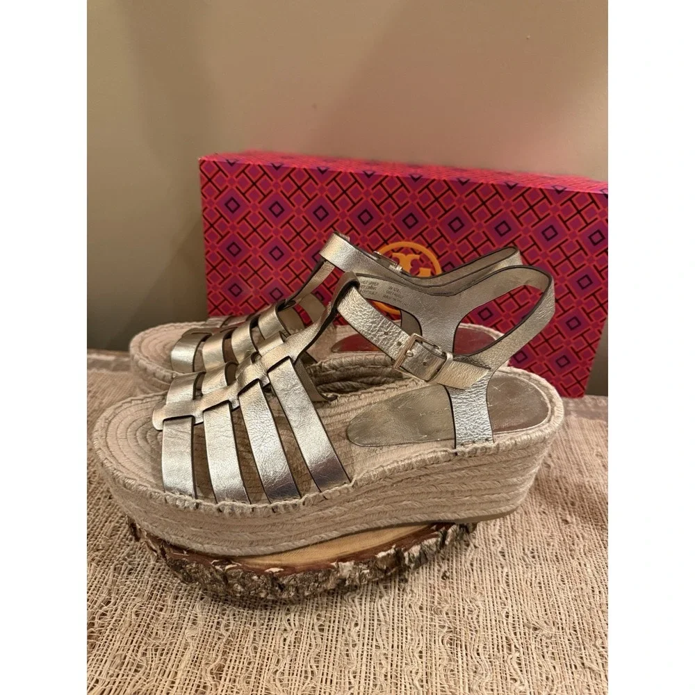 Tory Burch Fisherman Espadrille Platform Wedge Sandal in Spark Gold Sz-9 Boho